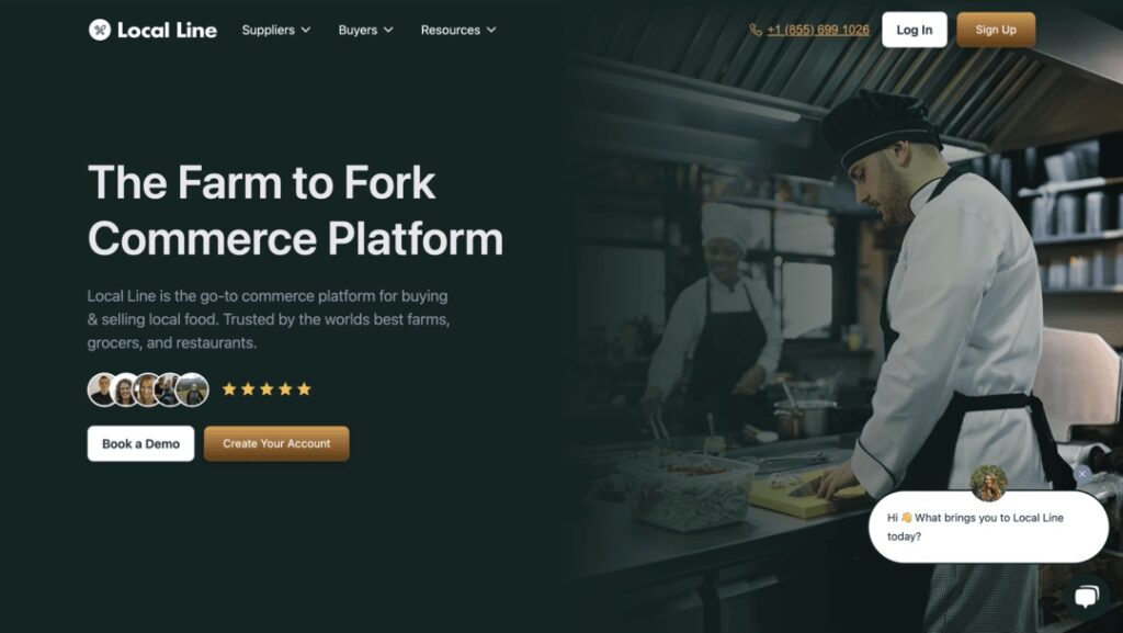 Local Line website first frame shows header logo and menu, hero with text and image side by side, a dark algae green color underlay of text which reads 'The Farm to Fork Commerce Platform' heading and image left of chef in white chef's in white uniform and black apron with chef's hats doing food prep.