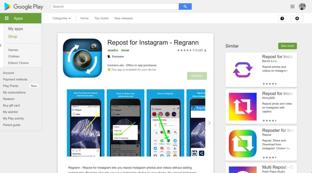 Screenshot of Regrann - Repost for Instagram app listing on the Google Play store for how to share a post on Instagram