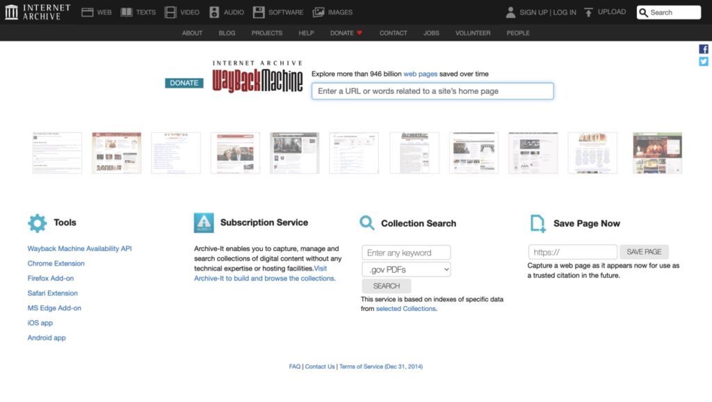 Screenshot of WayBack Machine homepage - white background with the log top center left of a search field to view old screenshots of websites
