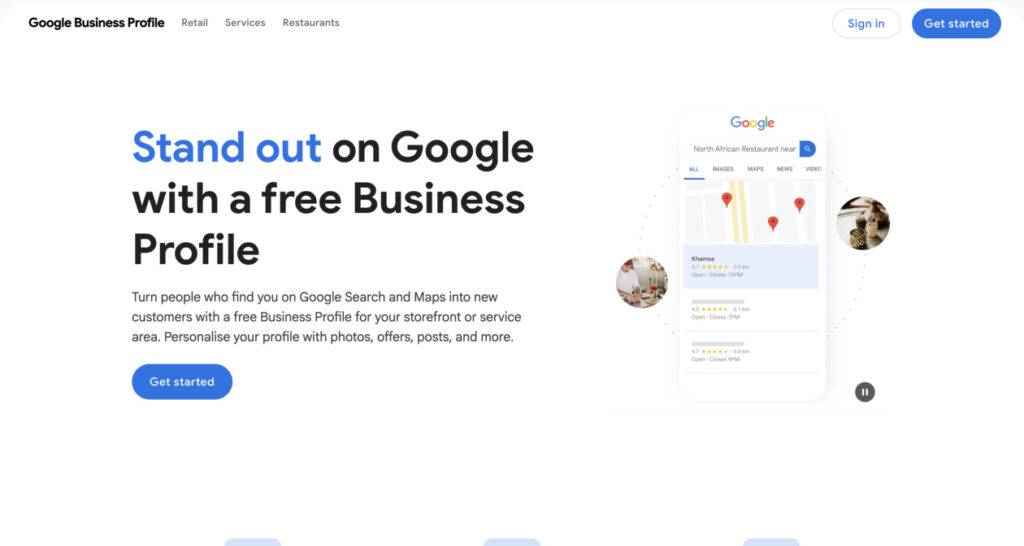 Screenshot of Google Business Profile Landing Page - Big bold sans serif text reads ' Stand out on Google with a free Business Profile"